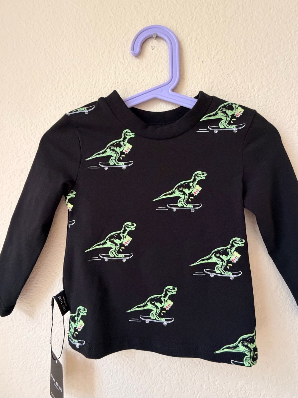 Kids Black Tee with Green Dinosaur Print
